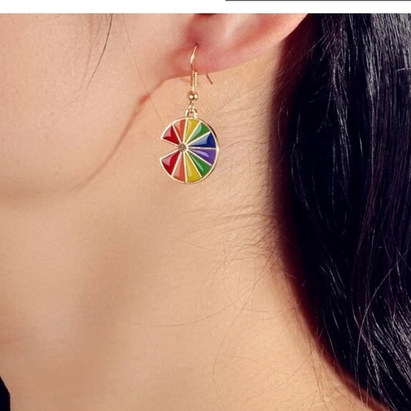 NEW Rainbow Colored Pie Shape Earrings - Picture 2 of 3